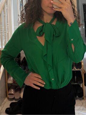 Zara Green Tie-Neck Ruffle Blouse - Women's Long Sleeve Top